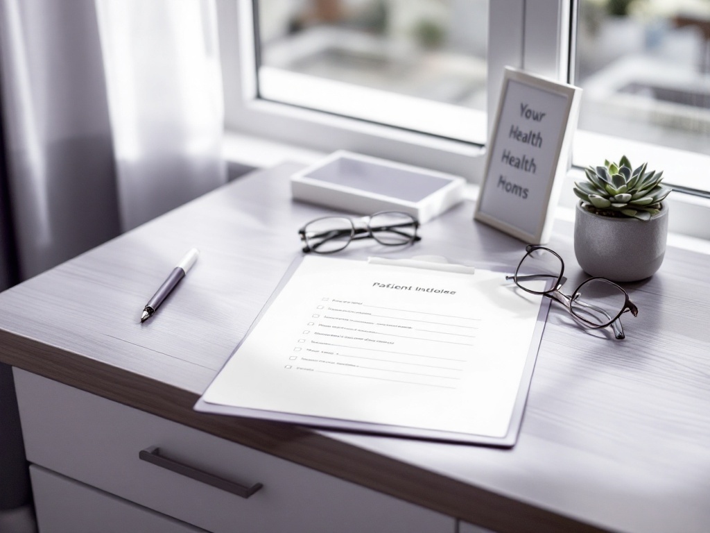 A patient intake questionnaire, pen, and glasses on a calm consultation desk