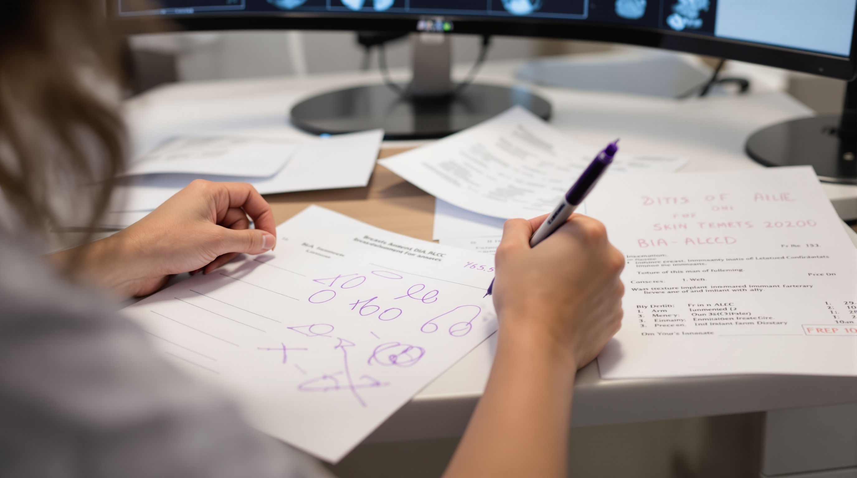 A surgeon and patient reviewing breast implant sample devices of different surfaces on a consultation desk in a bright Los Angeles clinic