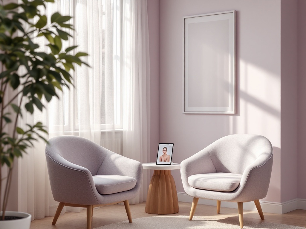 A bright, calm plastic surgery consultation room with chairs by a window
