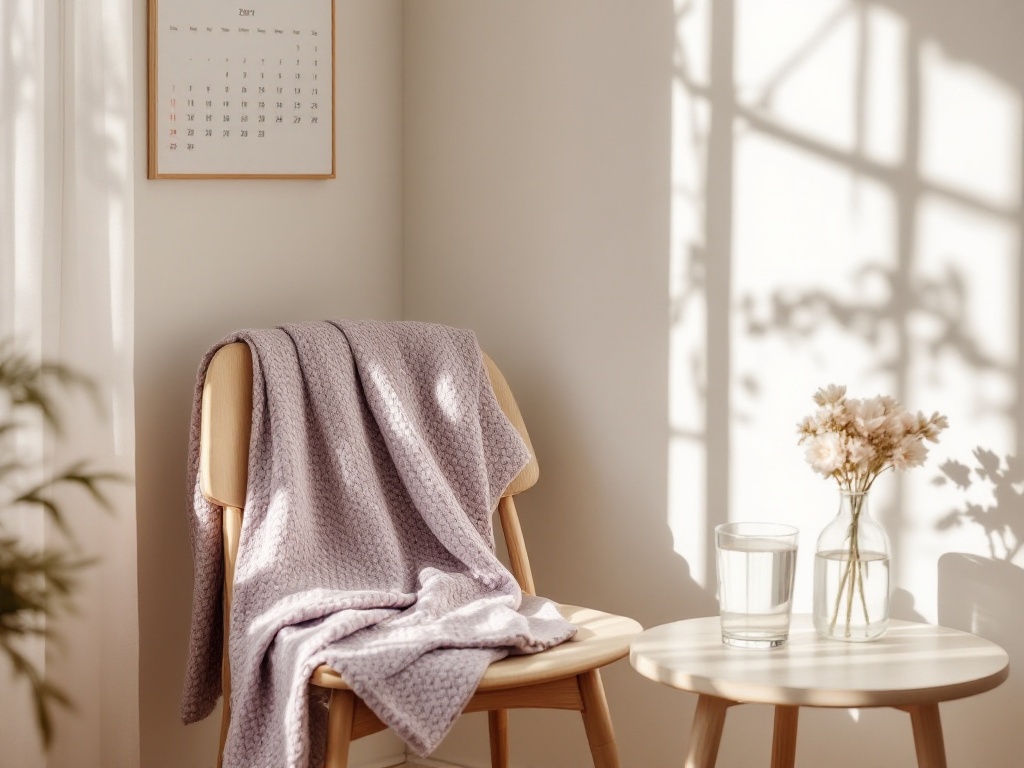 A folded blanket over a chair beside a wall calendar and glass of water