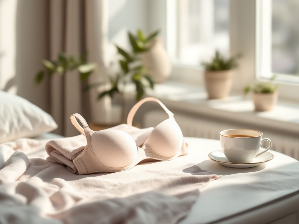 A folded surgical support bra and herbal tea on a sunlit bedside table
