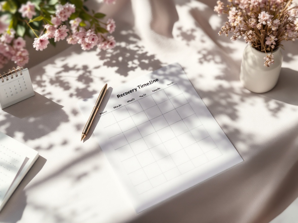 A printed week-by-week recovery timeline planner and pen on a sunlit desk