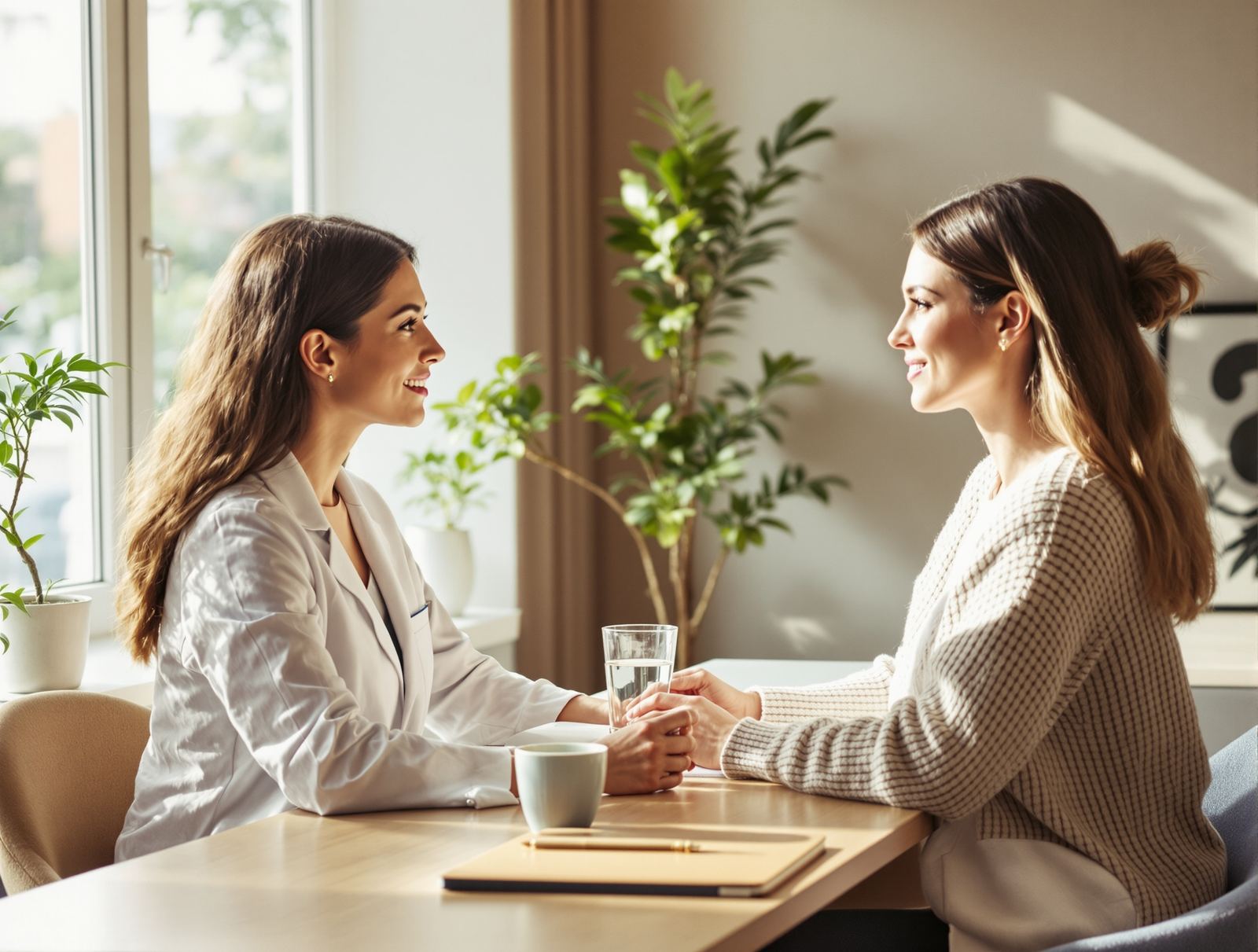 A surgeon and patient talking at a bright consultation table with plants behind