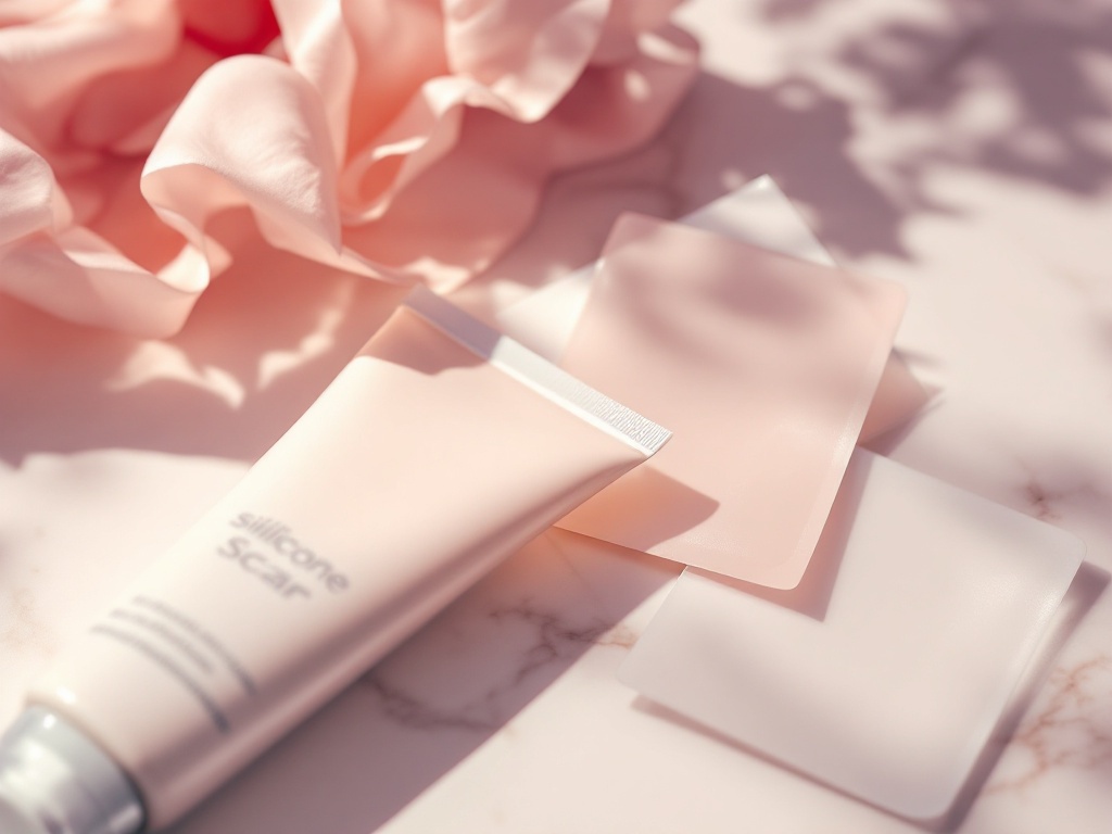 Silicone scar treatment gel and scar sheets on a pale marble surface