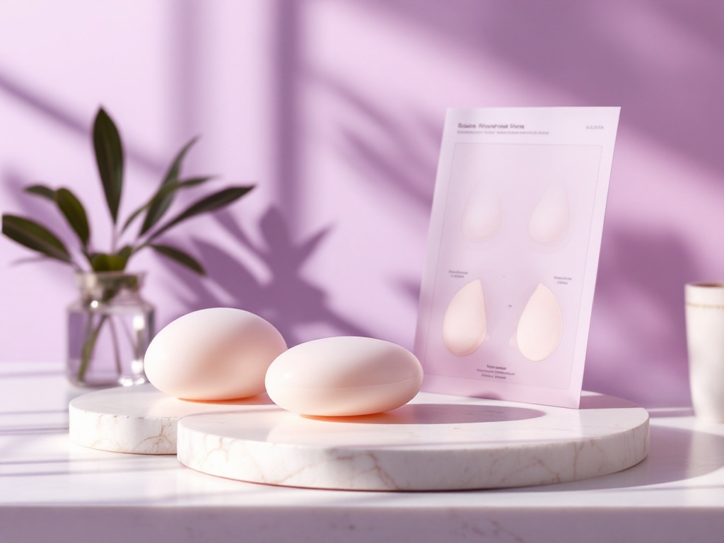Silicone and saline implant samples beside a placement diagram on pale stone