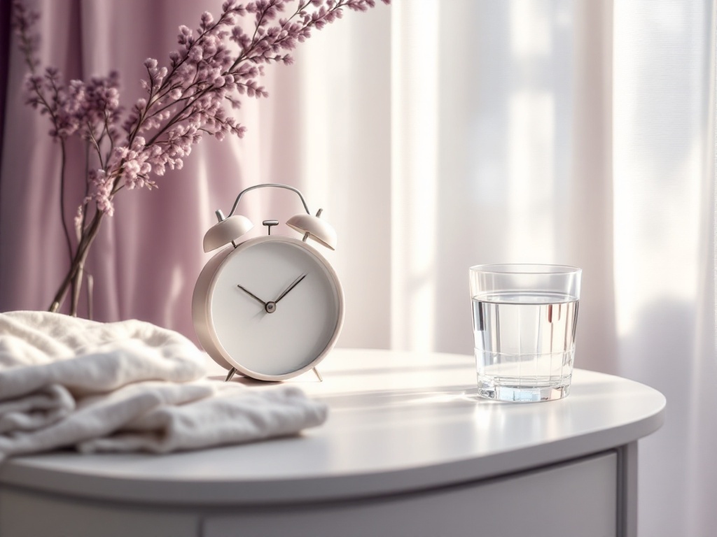 An analog clock, folded recovery garment, and glass of water on a bright clinic side table